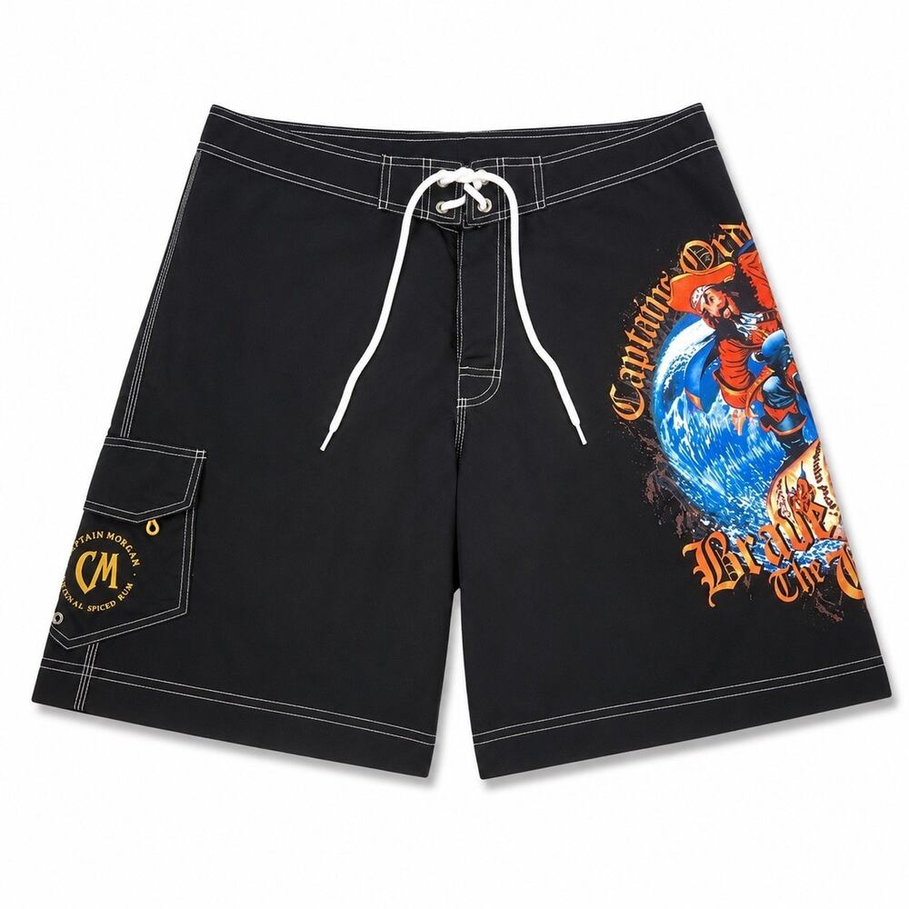 Captain Morgan Board Shorts Mens 38 Black Brave Wave Pirate Swim Trunks Rum Logo